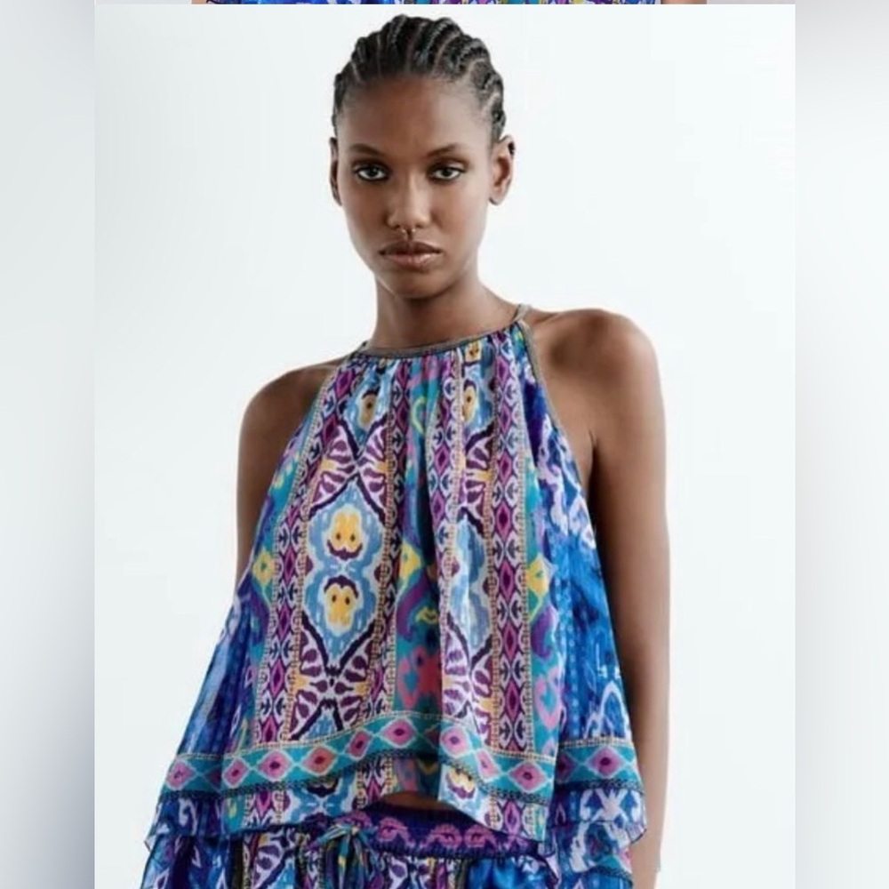 Zara Blue Purple Multicolor Printed Halter Crop Top